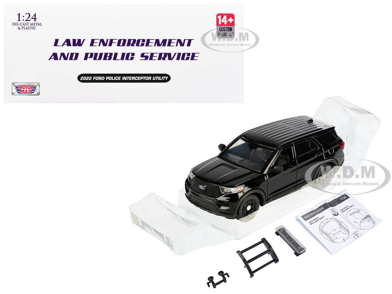 2022 Ford Police Interceptor Utility Unmarked Black "Builders Kit" "Law Enforcement and Public Service" Series 1/24 Diecast Model Car by Motormax