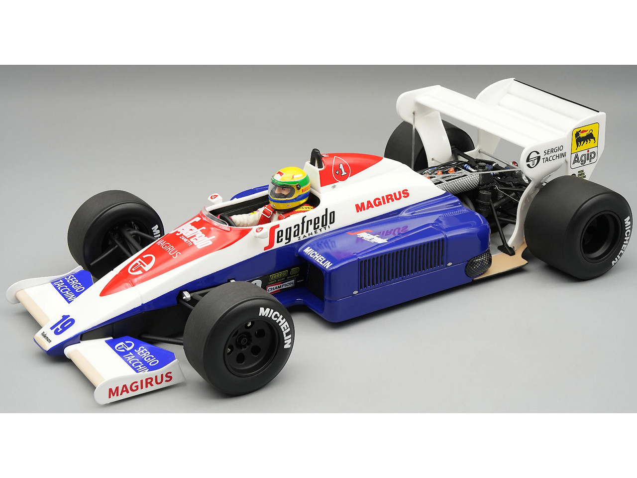 Toleman TG 184 #19 Ayrton Senna 3rd Place Formula One F1 "British GP" (1984) "Mythos Series" with Driver Figure and Display Case Limited Edition to 76
