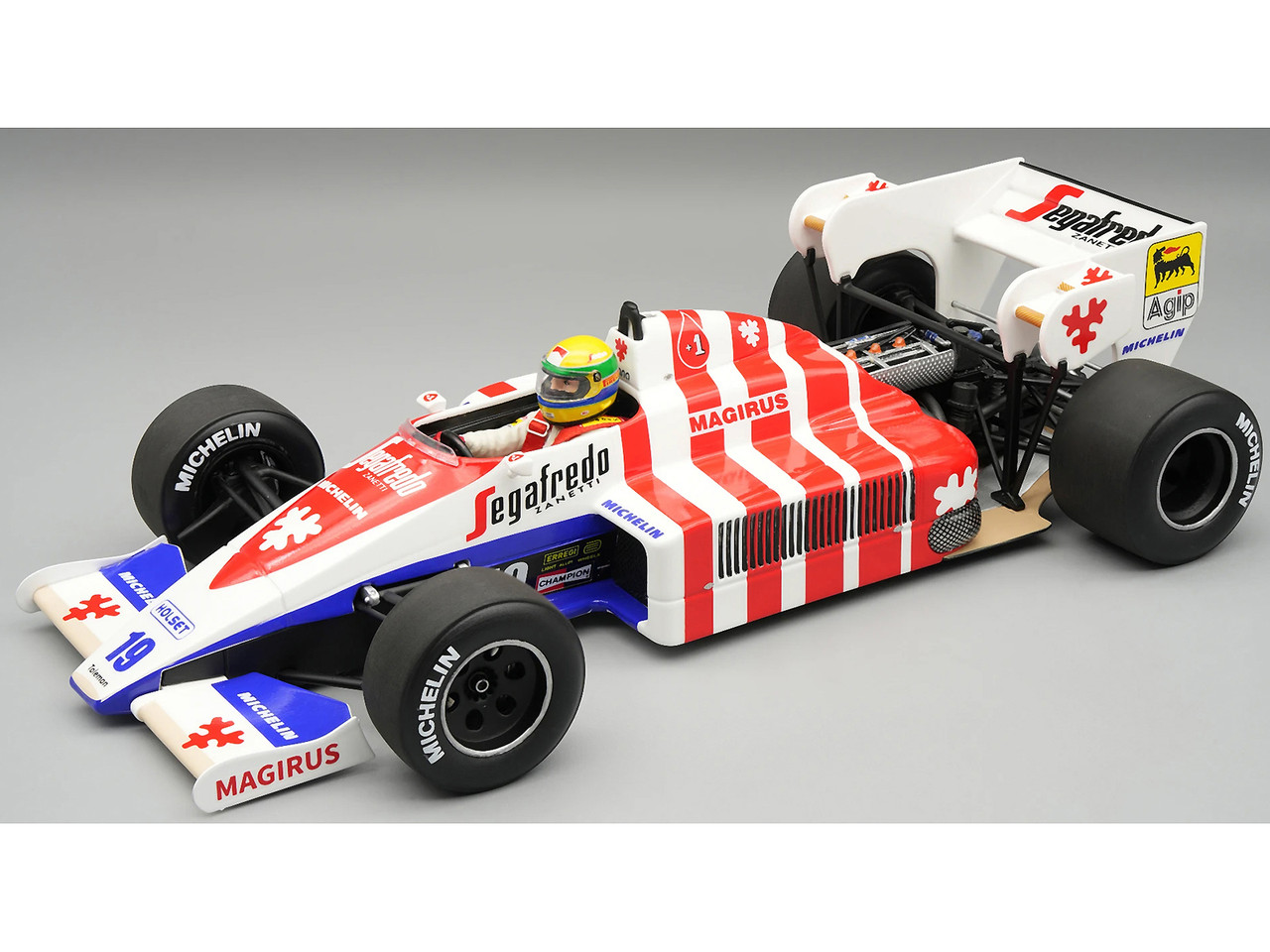Toleman TG 184 #19 Ayrton Senna 3rd Place Formula One F1 "Portuguese GP" (1984) "Mythos Series" with Driver Figure and Display Case Limited Edition to