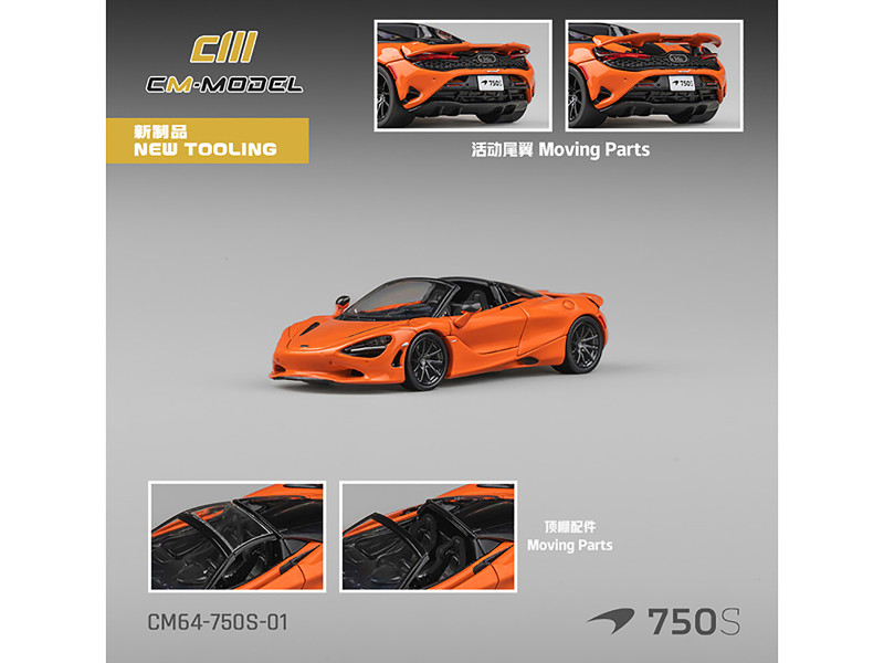McLaren 750S Spider Orange with Black Accents 1/64 Diecast Model