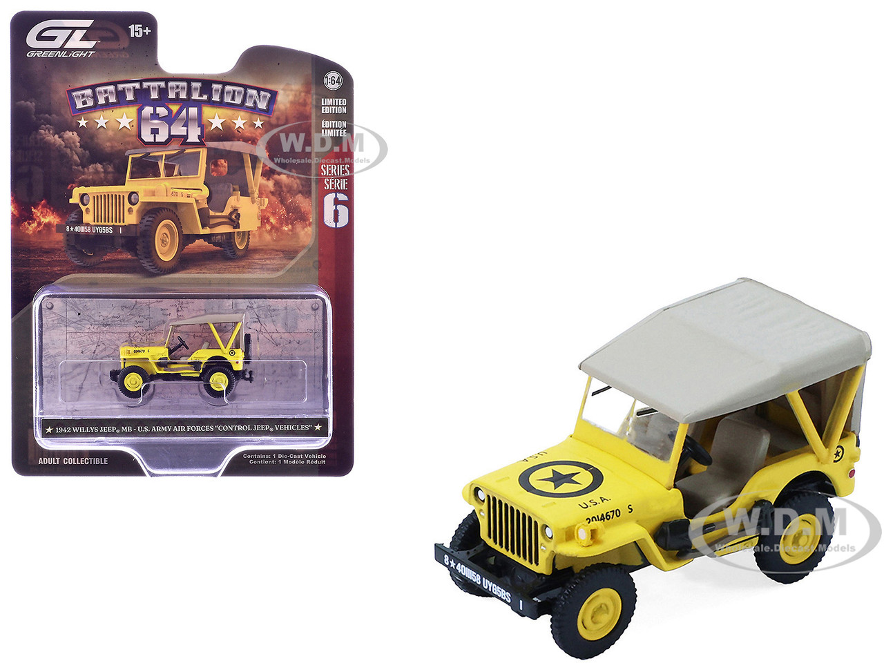 1942 Willys MB Jeep "Control Jeep - U.S. Army Air Forces" Yellow with Beige Top "Battalion 64" Series 6 1/64 Diecast Model Car by Greenlight