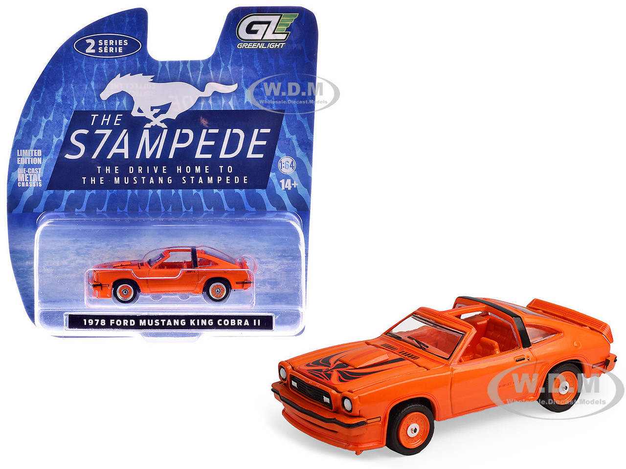 1978 Ford Mustang King Cobra II Tangerine with Black Graphics and Tangerine Interior "The Mustang Stampede" Series 2 1/64 Diecast Model Car by Greenli