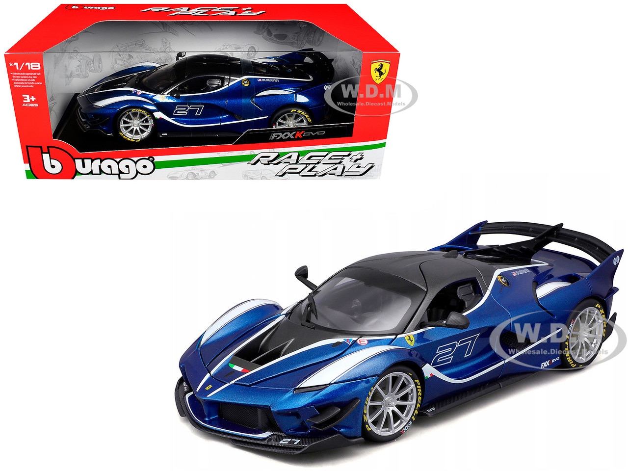 Ferrari FXX-K Evo #27 Blue Metallic with White Accents and Gray Metallic Top "Race + Play" Series 1/18 Diecast Model Car by Bburago