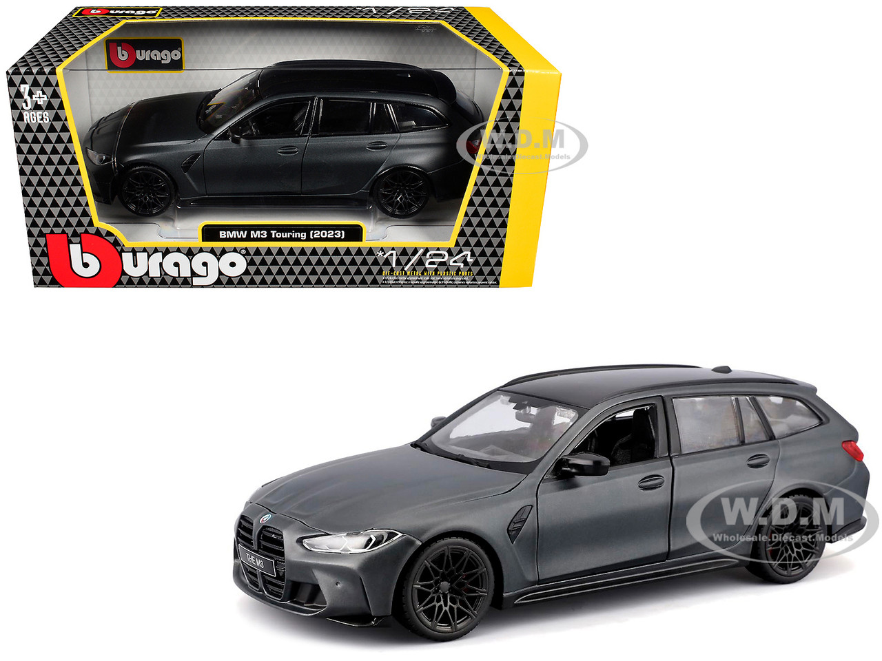 2023 BMW M3 Touring Matt Gray Metallic with Black Top 1/24 Diecast Model Car by Bburago