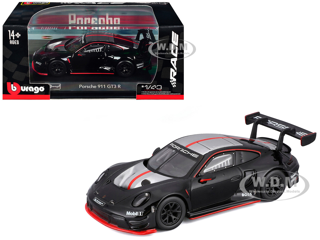 Porsche 911 GT3 R Black with Silver Top and Hood and Red Stripes "Race" Series 1/43 Diecast Model Ca