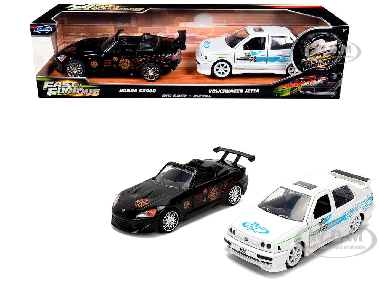 Honda S2000 Black with Graphics and Volkswagen Jetta White with Graphics Set of 2 pieces "25 Years of Fast & Furious" Series 1/32 Diecast Model Cars b