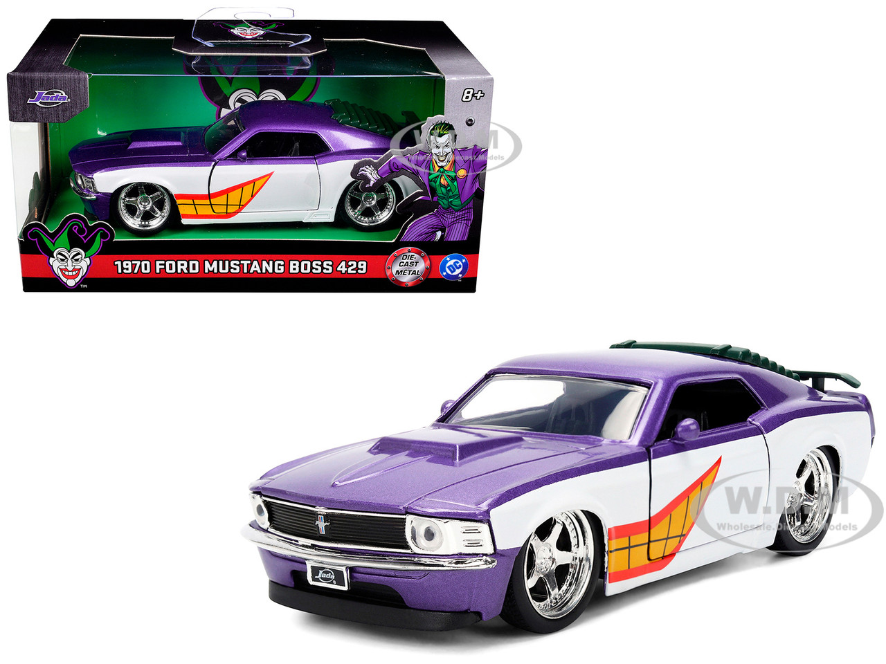 1970 Ford Mustang Boss "Joker" Livery Purple Metallic and White with Graphics "Batman" Franchise "Hollywood Rides" Series 1/32 Diecast Model Car by Ja