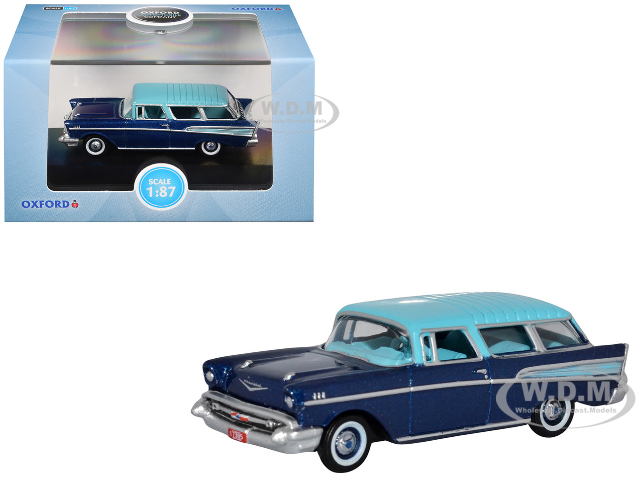 1957 Chevrolet Nomad Larkspur Blue with Harbor Blue Top 1/87 (HO) Scale Diecast Model Car by Oxford Diecast