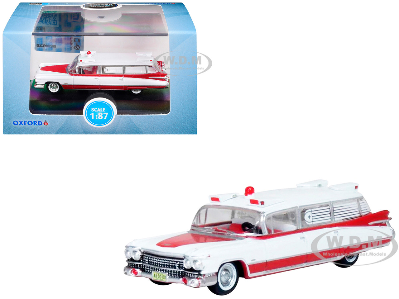 1959 Cadillac Miller-Meteor Ambulance Red and White 1/100 Scale Diecast Model Car by Oxford Diecast