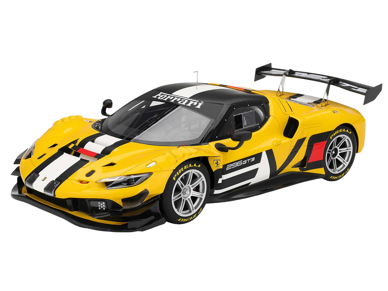 Ferrari 296 GT3 EVO "Presentation" Yellow with Black Top and Black and White Stripes "Competition Series" 1/18 Model Car by BBR