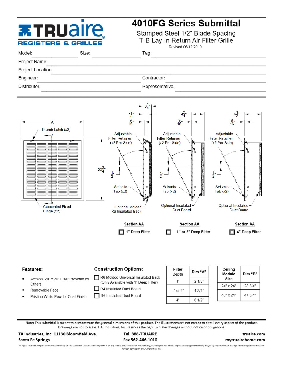 Truaire 24x24 4010FG-2DB Stamped T-Bar Lay-In Return Air Filter
