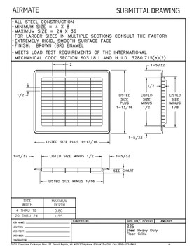 AirMate 325 12x12 Brown Floor Return Air Grille Technical Document 1461212BR