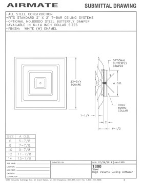 AirMate 1300-INS 24x24 10" Collar T-Bar 3 Cone Face Diffuser WHITE R6 03970010CWR Technical Document