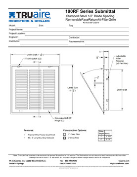 Truaire 14x08 190RF Stamped / Removable Face Return Air Filter Grille Technical Document