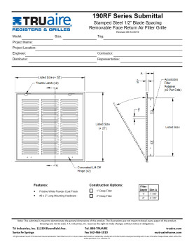 Truaire 20x20 190RF Stamped / Removable Face Return Air Filter Grille Technical Document