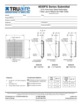 Truaire 24x24 Perforated Face T-Bar Lay-In Return Air Filter Grille with R6 Back Technical Document