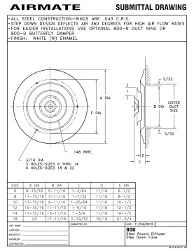 AirMate 800 12" WHITE Round Ceiling Diffuser 01790012CW 10/CS Technical Document