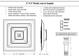 HaVACo HT-2x2-SPL8-IB 2'x2' Plastic 3 Cone Supply Lay-In 8" Boot with Insulated Back, Technical Document