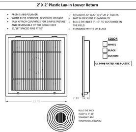 HaVACo HT-2x2-RTN-BK 2x2 Louver Lay-In Return Filter Grille Bulls-Eye Black Plastic Technical Document