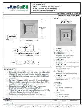 AirGuide Manufacturing, LLC AirGuide AVP-42PLT 15x15 4-WAY Ceiling Diffuser WHITE Technical Document