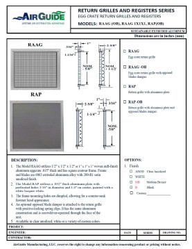 AirGuide RA-AG-T 24x24 T-Bar Eggcrate Return Air Grille WHITE (1/2"x1/2"x1/2" Core) Technical Document