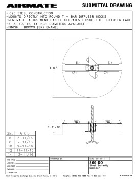 AirMate 800-DO 08" Round Ceiling Butterfly Damper for #1300 3790008 Technical Document