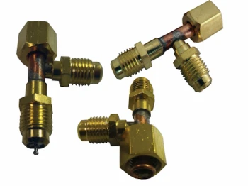 A-1 Components Tee Connector TWO 1/4" MALE Flare ends with Valve Core 1/4" Nut on Depressor Tip 2/PK SF9601