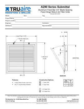 Truaire 30x18 A290 Aluminum Bar Type Return Air Filter Grille Technical Document
