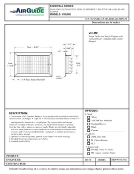 AirGuide Manufacturing, LLC AirGuide VML-ME 08x04 Single Deflection Sidewall Register WHITE Technical Document