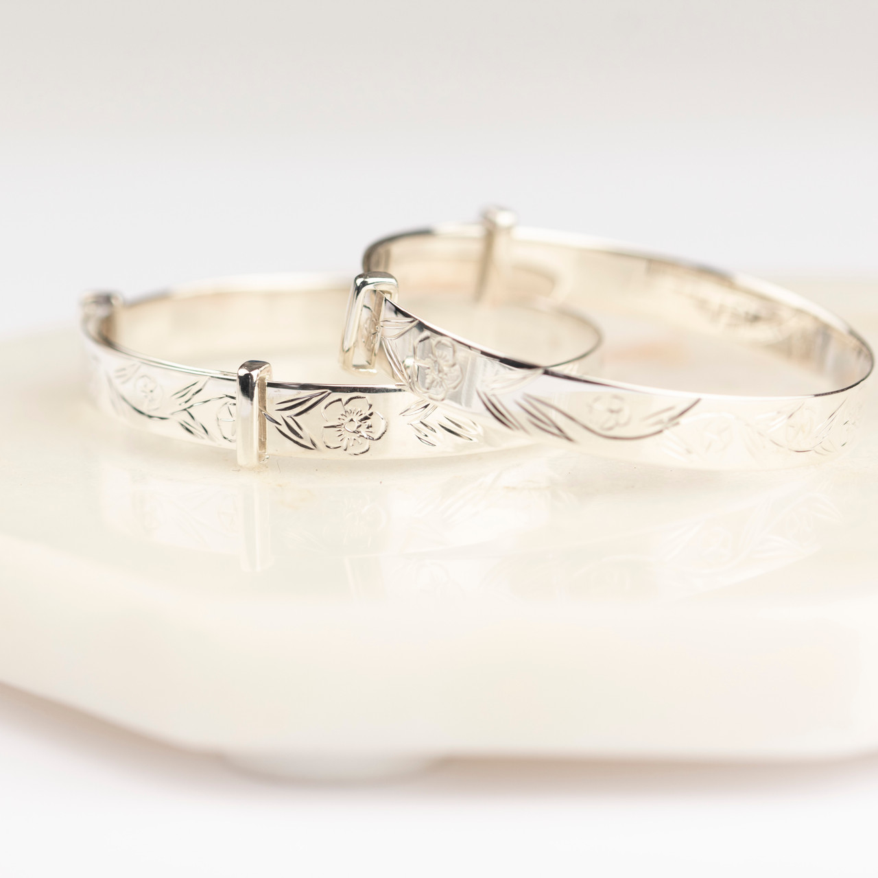 Silver Cuff Bracelet Baby Boy Christening Bangle Floral Sterling