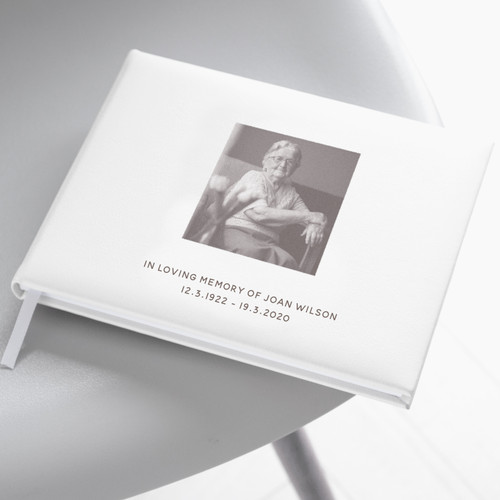 White Leather Photo Condolence Book