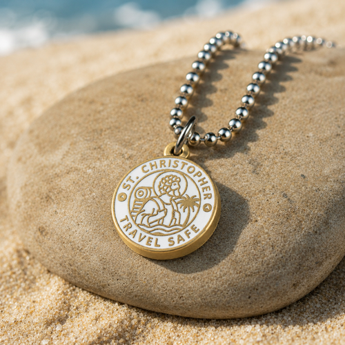 St Christopher on Ball Chain with Grey Enamel