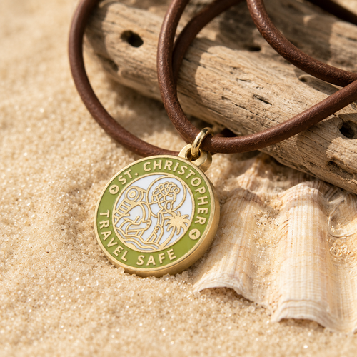 St Christopher Necklace on Leather in Lime Enamel