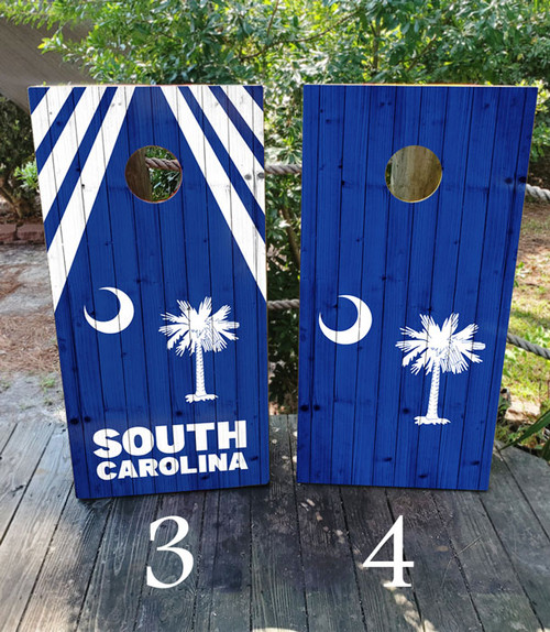 Navy South Carolina Flag Cornhole Boards and Wraps with crescent moon and palm tree with white border. Rustic