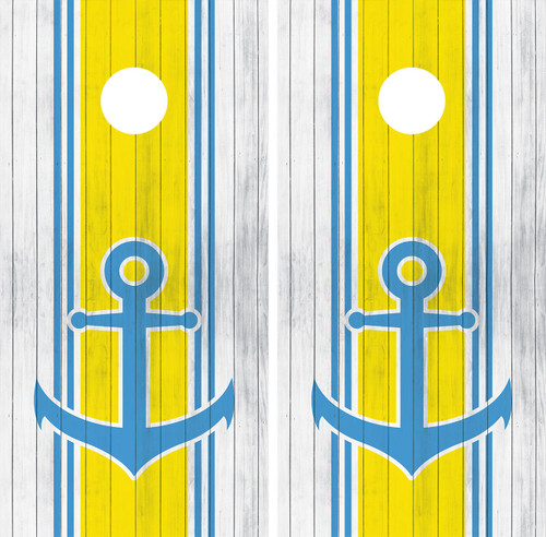 Yellow and white nautical anchor cornhole wraps