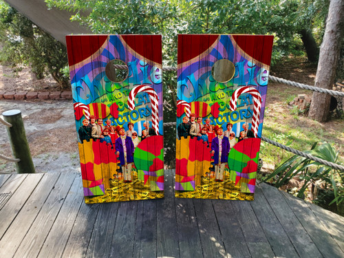 Charlie and Chocolate Factory cornhole wraps, decals, stickers, vinyl