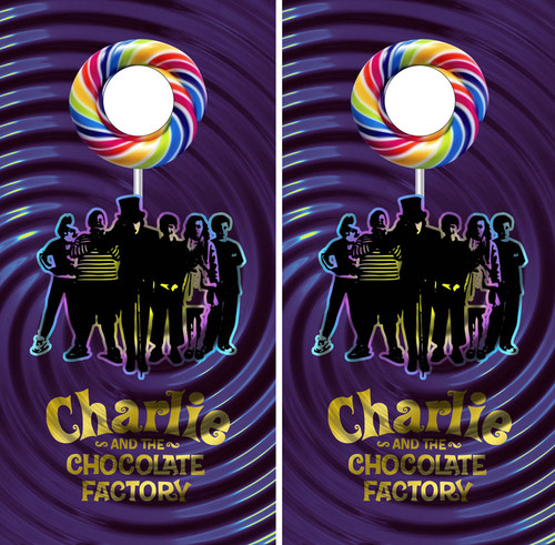 Charlie and Chocolate Factory cornhole wraps, decals, stickers, vinyl