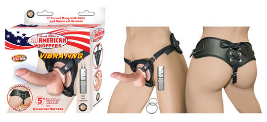 All American Whoppers 5 inches Curved Dong with Balls and Universal Harness Flesh