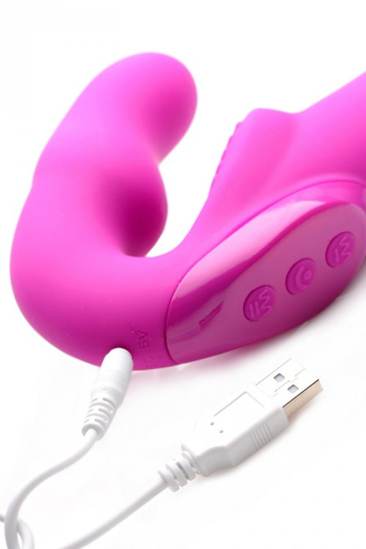 Super Charged Vibrating Strapless Strap On Dildo pink charging port