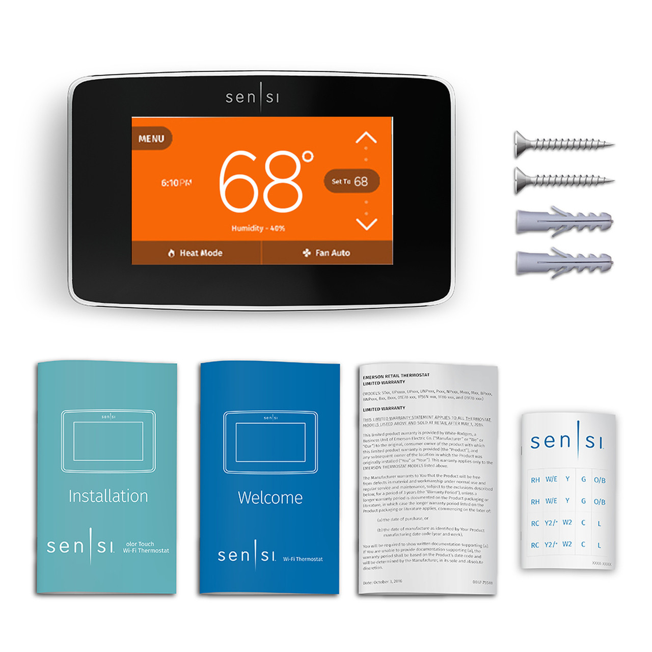 Sensi thermostat, anchors, screws and user guides