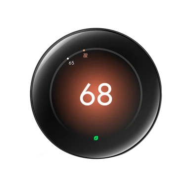 Nest Learning Thermostat Polished Obsidian front view. Set to 68 degrees heating.