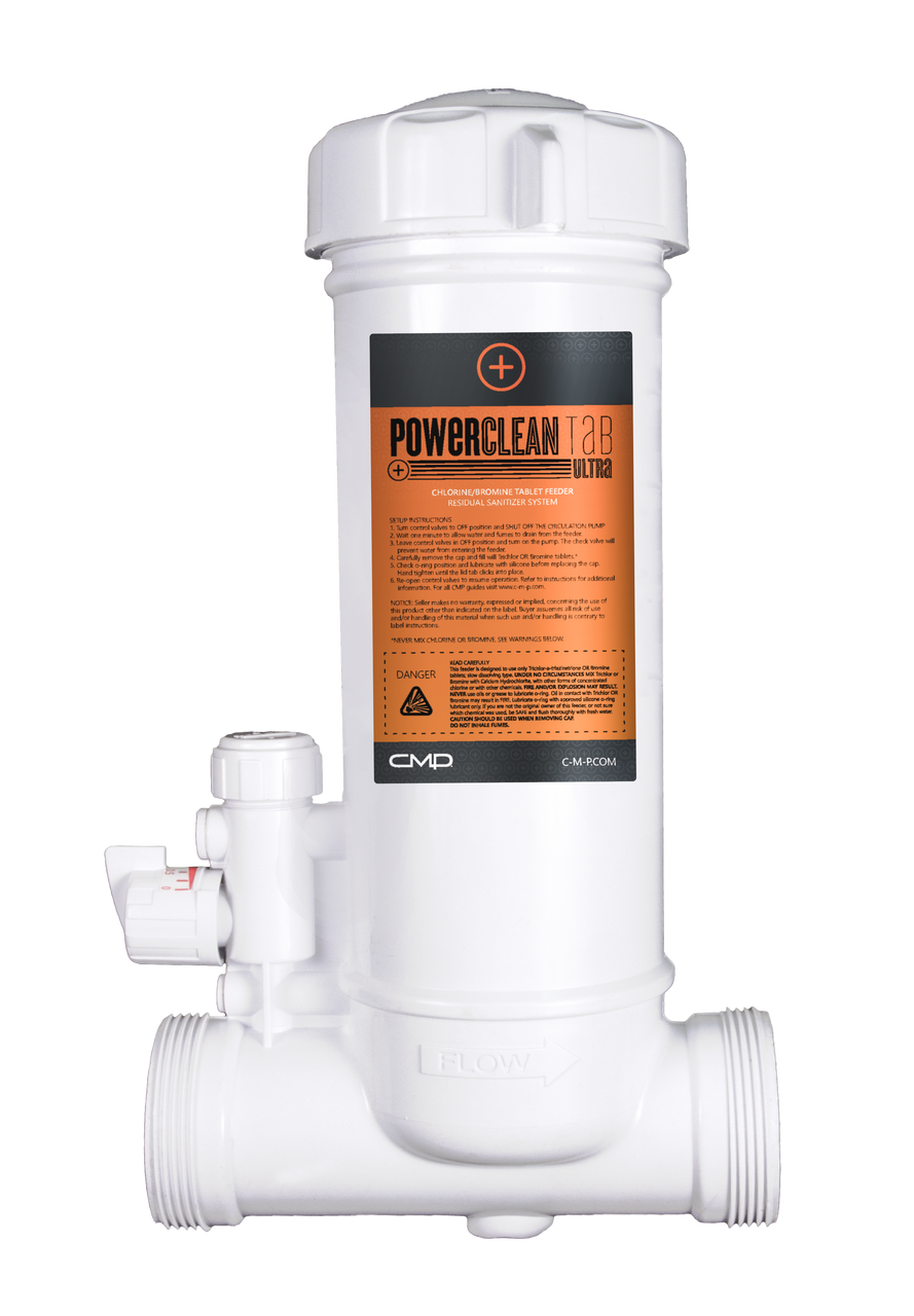 Cmp power clean tab econ in - line chlorinator with white lid.