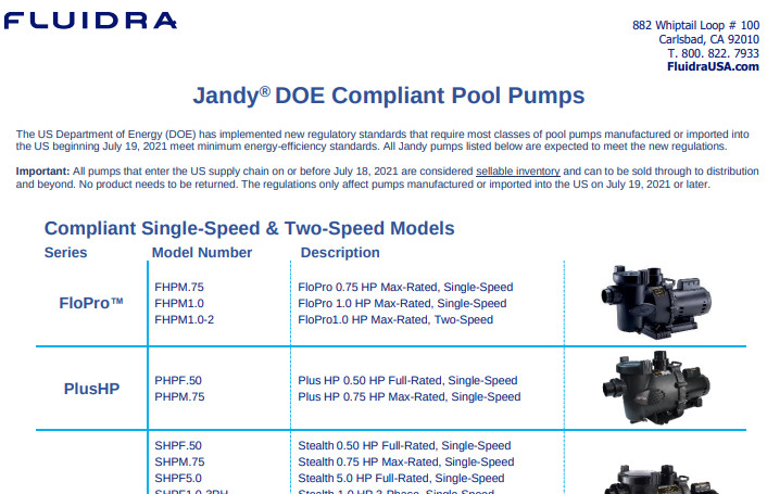 Fluidra DOE Compliant and NonCompliant Pump Guide