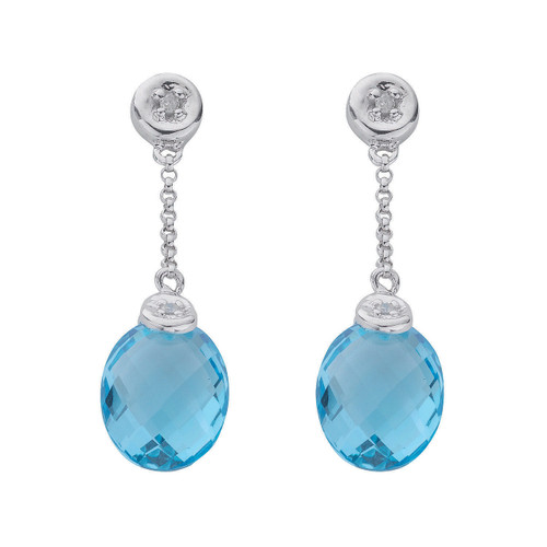 9ct White Gold Diamond & Blue Topaz Briolette Drop Earrings