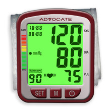 Advocate Speaking Wrist Blood Pressure Monitor  with green color coded screen (blood pressure reading is good)