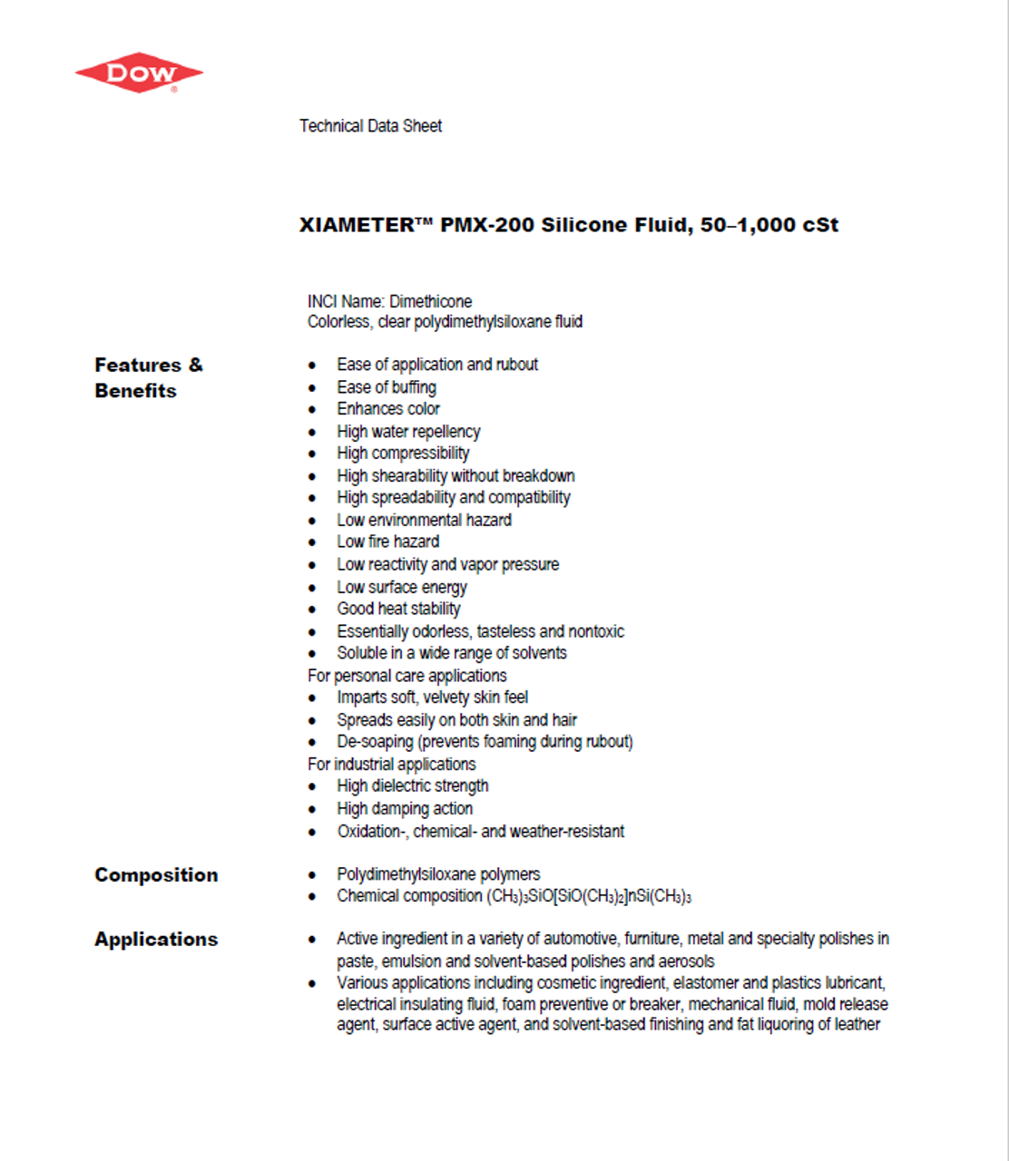 Dow Xiameter PMX200 - 350 Centistoke Silicone Fluid TDS