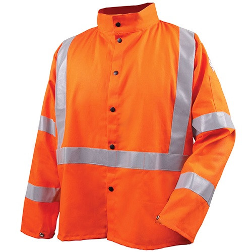 The JF1012 TruGuard™ 200 welding jacket is made with comfortable flame-resistant treated cotton and is perfect for light welding applications. It also features silver FR reflective tape, with an "X" design on back for hi-visibility.