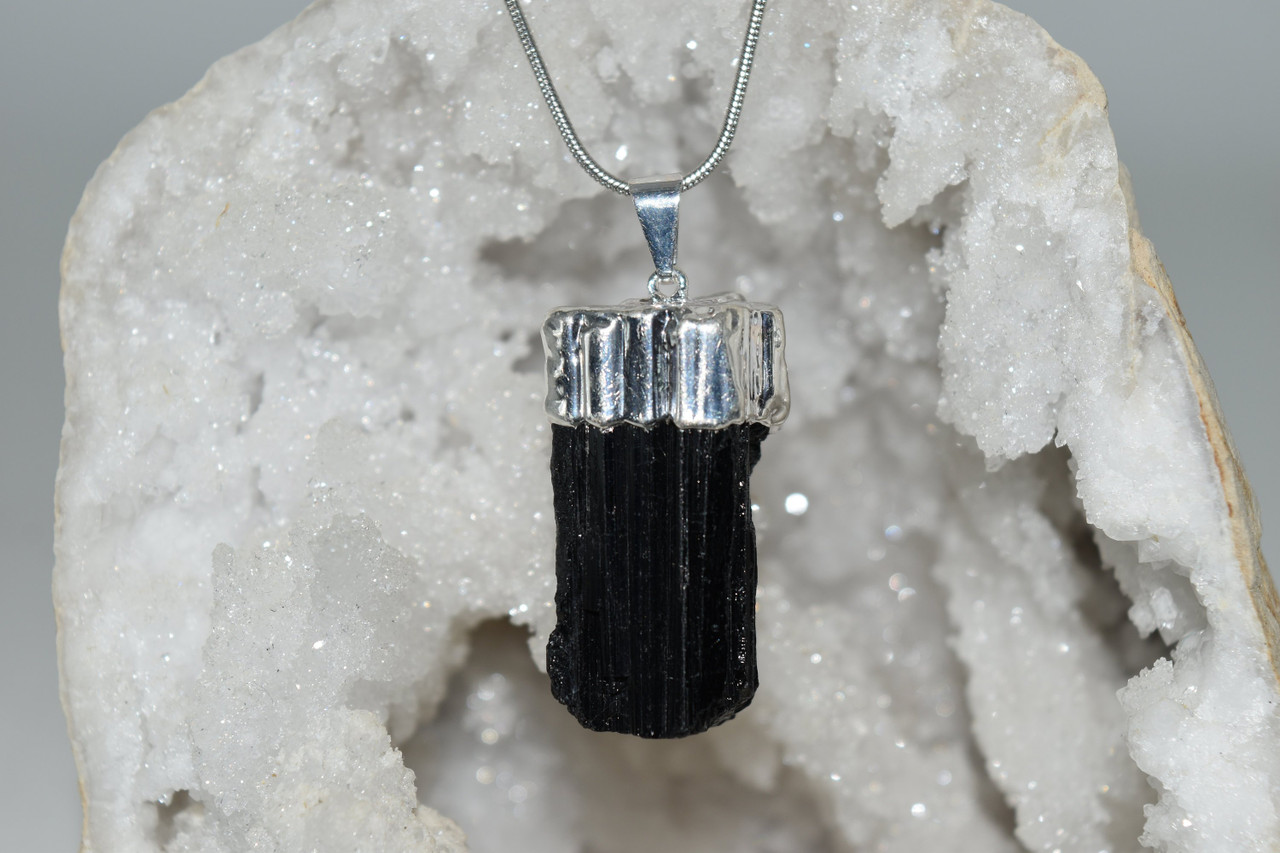 Raw Black Tourmaline Pendant With Chain Black Tourmaline Necklace Silver Plated.