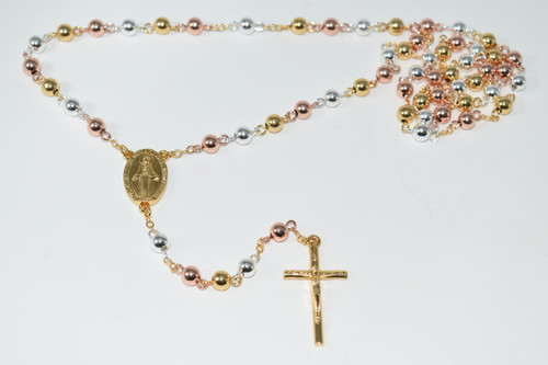 TriColor Metal Yellow Gold Plated Virgin Mary Rosary Bead Necklace 6mm Bead - Prayer Necklace