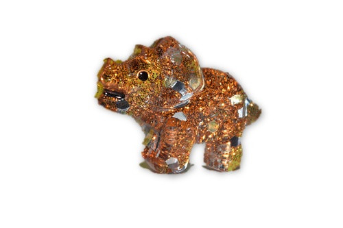 Orgone Orange Triceratops Dinosaur Mini 1 pc -Quartz Crystal, Pyrite, Blue Kyanite